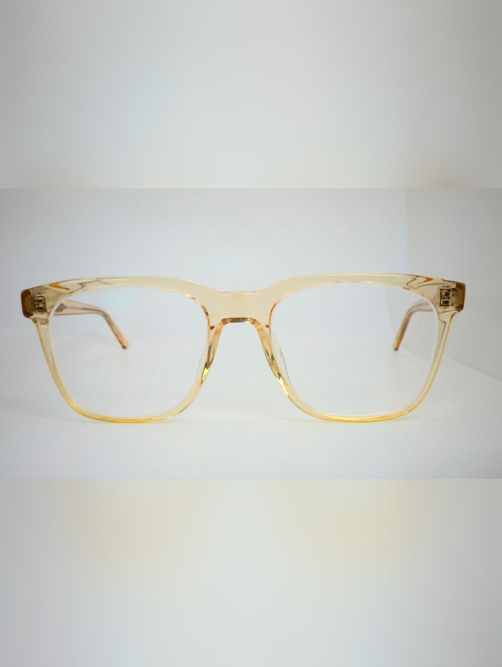 Jamie. Transparent Vanilla Amber Eyeglass Frame. Wayfarer Vibes